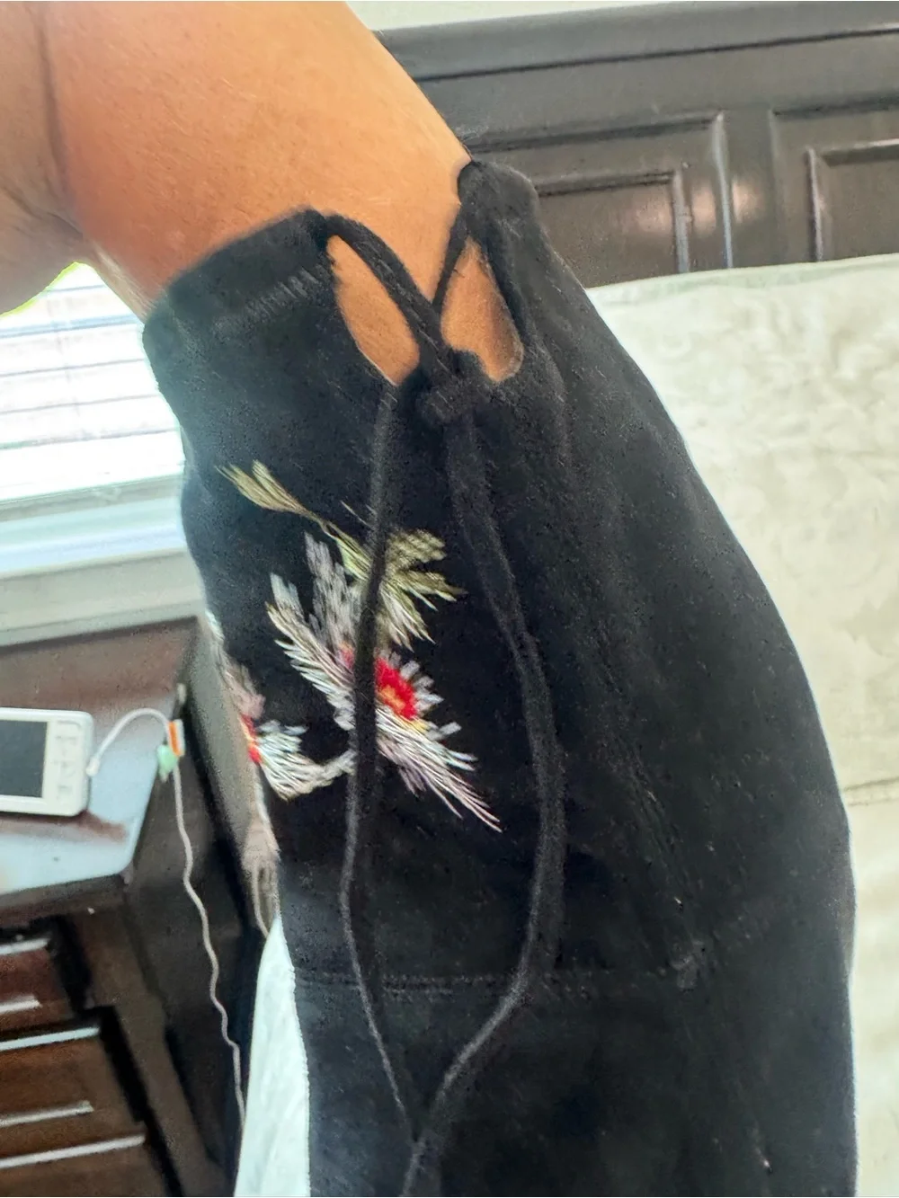 Over the knee micro suede boots with sophisticated floral embroidery